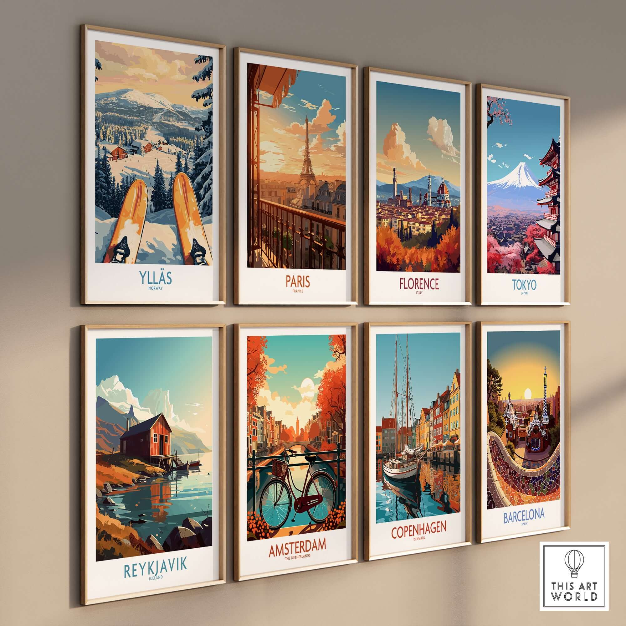 Colorful travel-themed wall art featuring stunning landscapes of Ylläs, Paris, Florence, Tokyo, Reykjavik, Amsterdam, Copenhagen, and Barcelona.