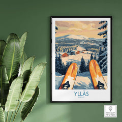 Ylläs Norway skiing wall art print showcasing snow-covered slopes and cozy cabins, perfect for winter décor.