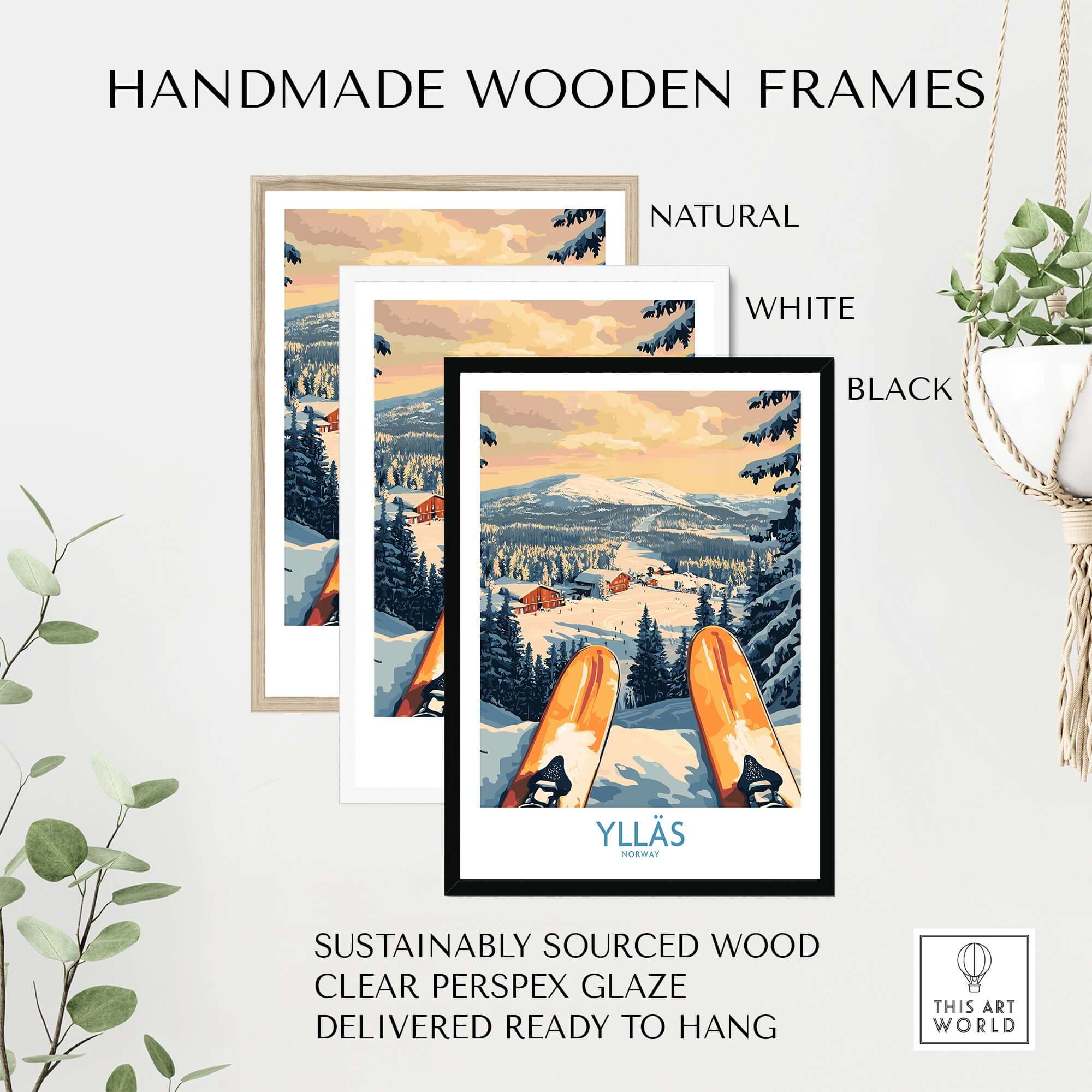 Handmade wooden frames in natural, white, and black for Ylläs skiing wall art, crafted from sustainably sourced wood.