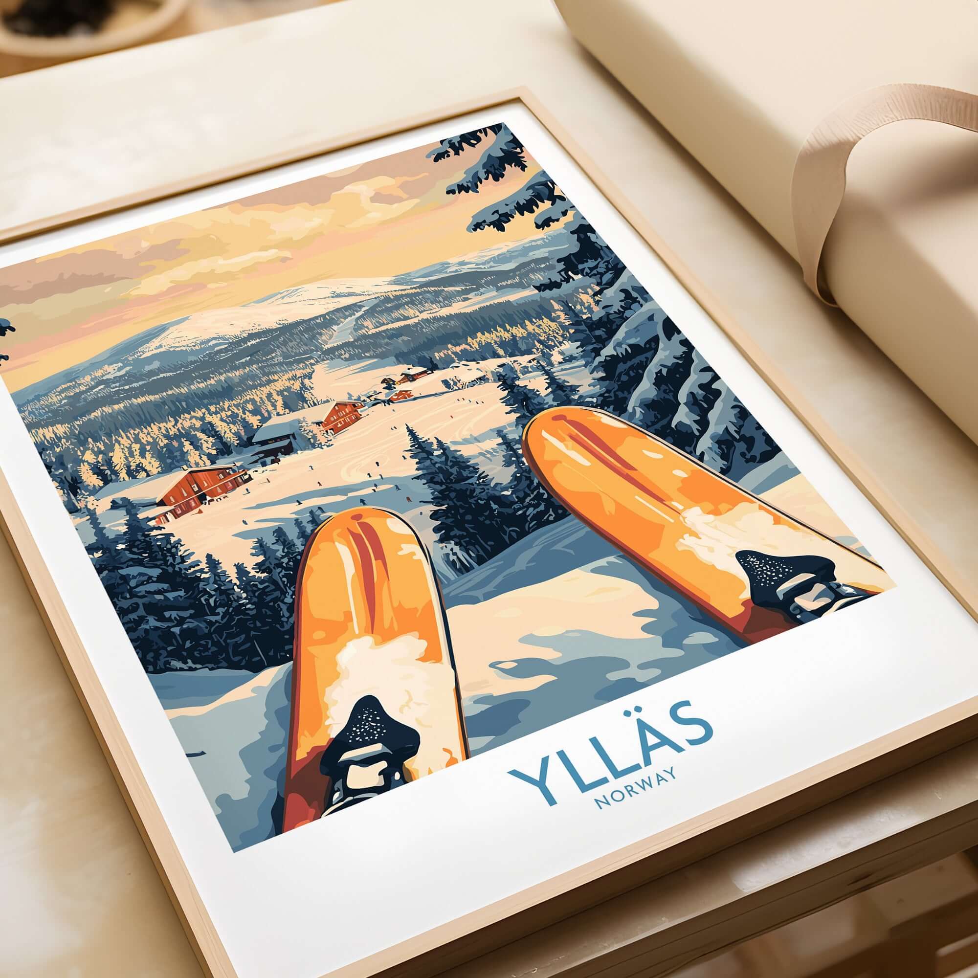 Ylläs Norway skiing wall art featuring orange skis, snowy landscape, and cozy cabins in winter scenery.