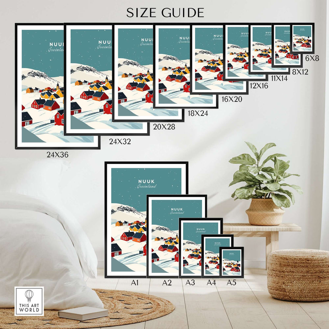 Size guide for Nuuk Greenland print displaying various frame sizes and vibrant landscape design in a cozy room setting.