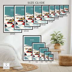 Size guide for Nuuk Greenland Print showcasing various frame sizes and layout options.