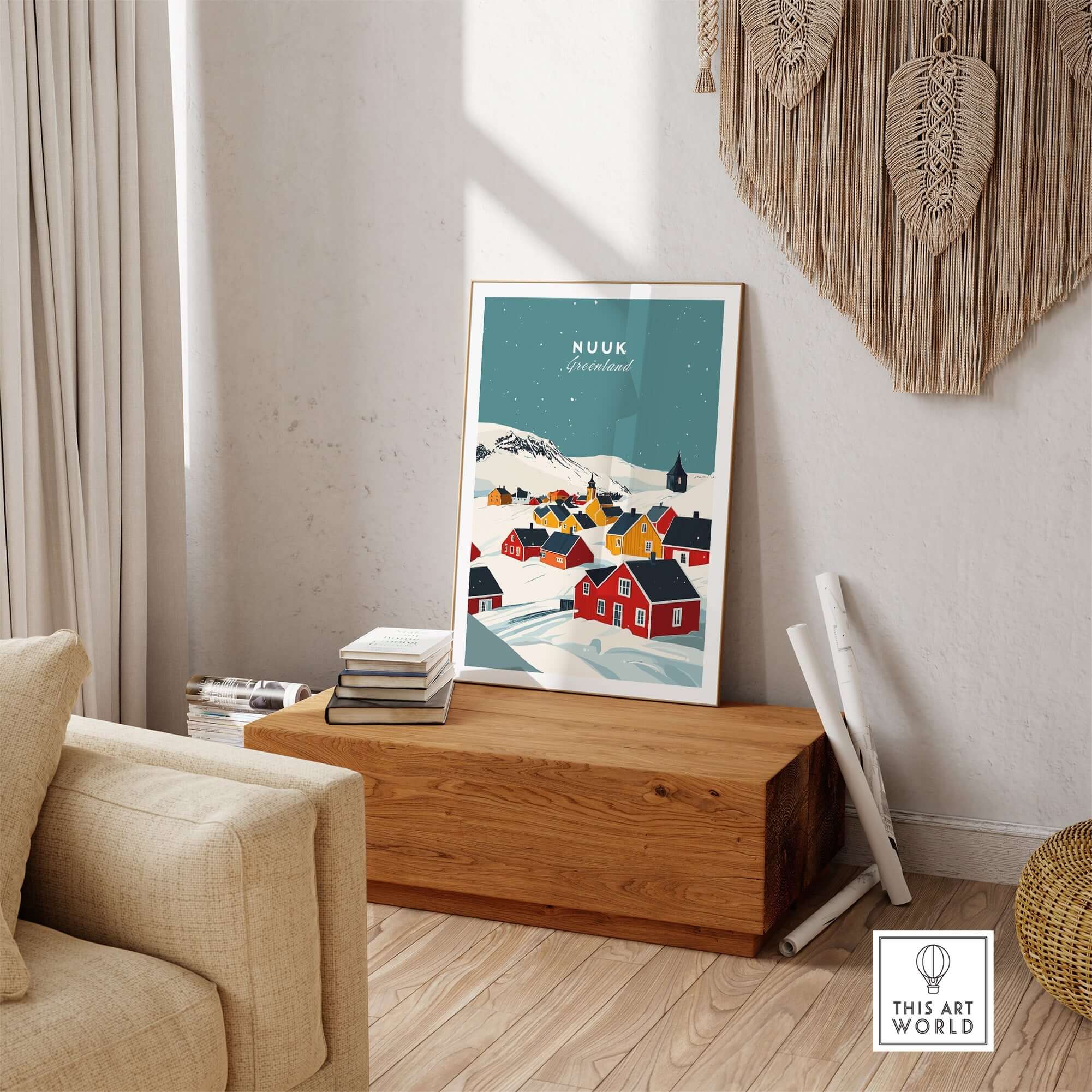 Nuuk Greenland Print showcasing a vibrant illustration of Nuuk's colorful houses in a cozy interior setting.