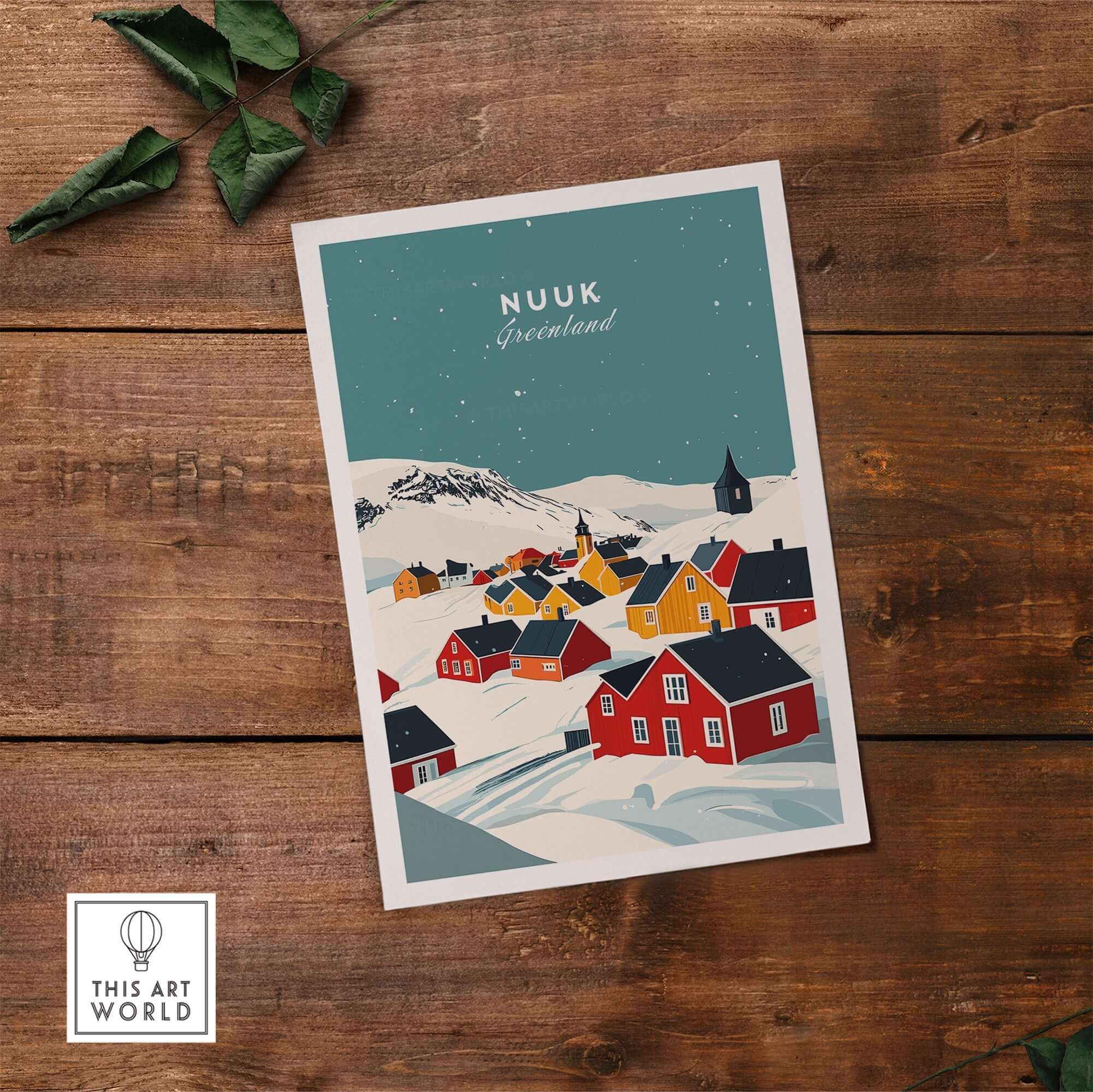 Nuuk Greenland Print featuring colorful houses in a snowy landscape with a serene sky.