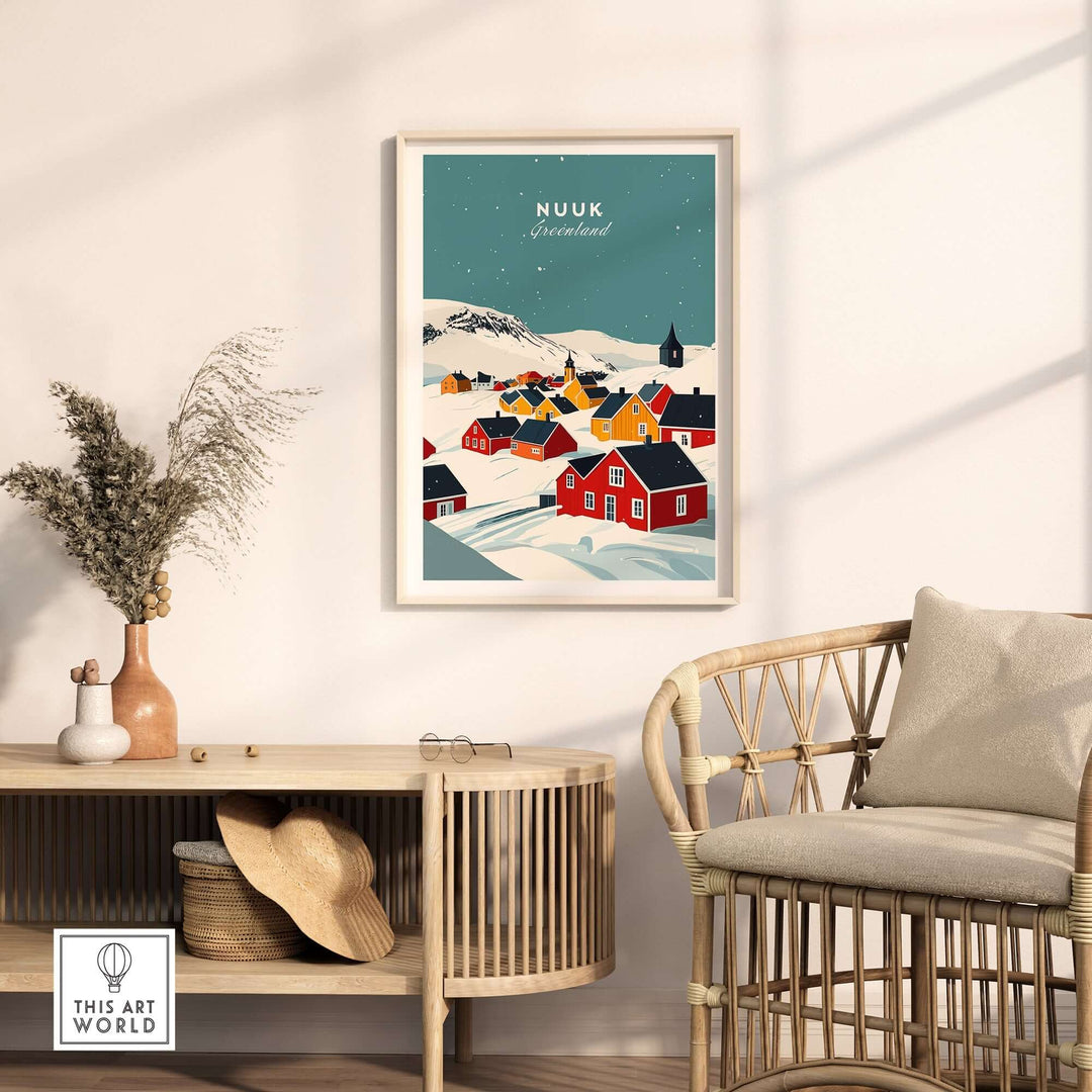 Colorful Nuuk Greenland print displayed in a stylish living room, featuring vibrant houses and snowy landscapes.