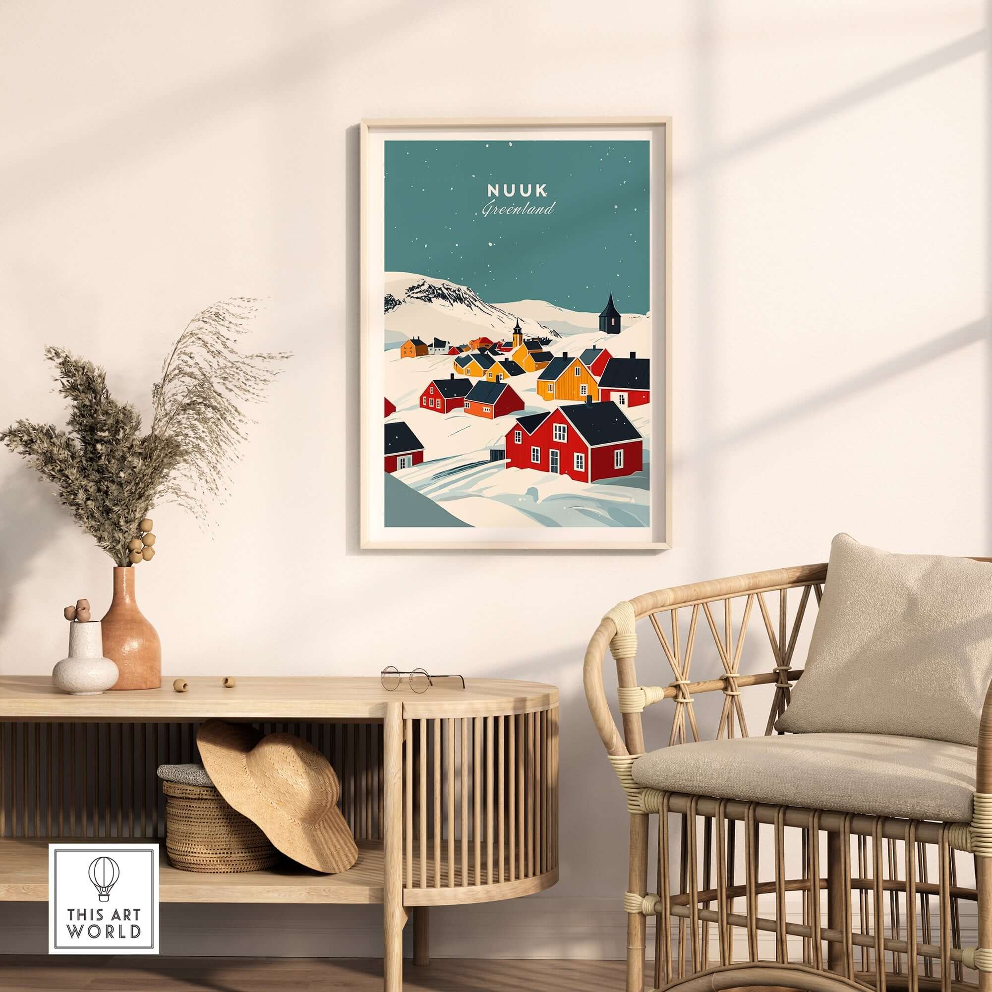 Nuuk Greenland Print showcasing colorful houses against a snowy landscape, perfect for enhancing any room.