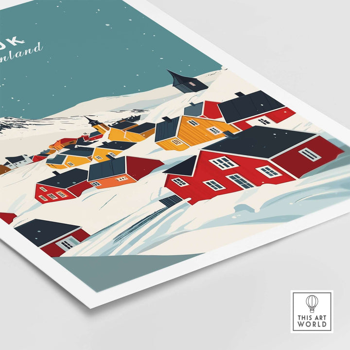 Vibrant Nuuk Greenland print showcasing colorful houses in a snowy landscape, capturing nature's beauty and adventure.