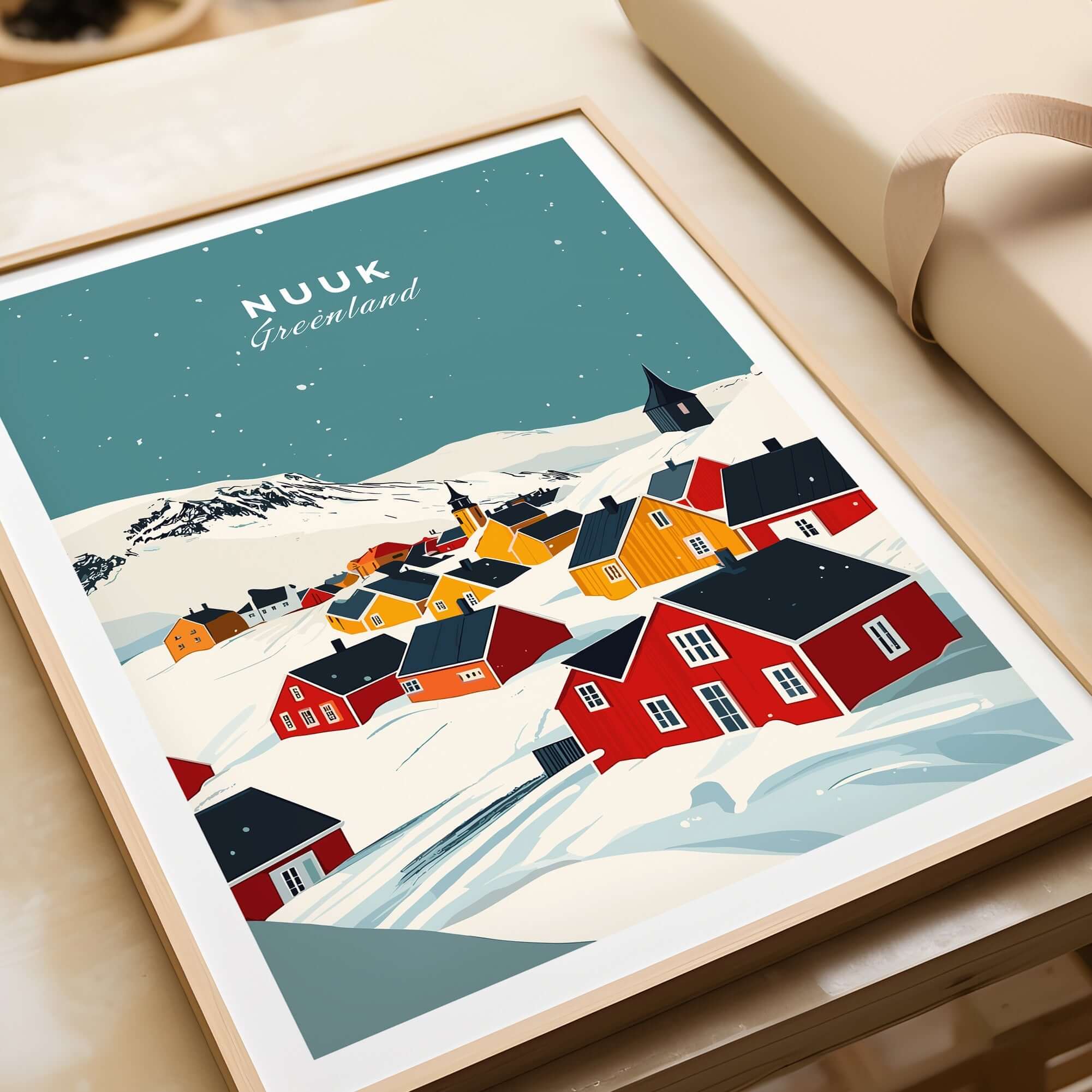 Nuuk Greenland Print showcasing colorful houses in a snowy landscape, capturing the beauty of Nuuk, Greenland.