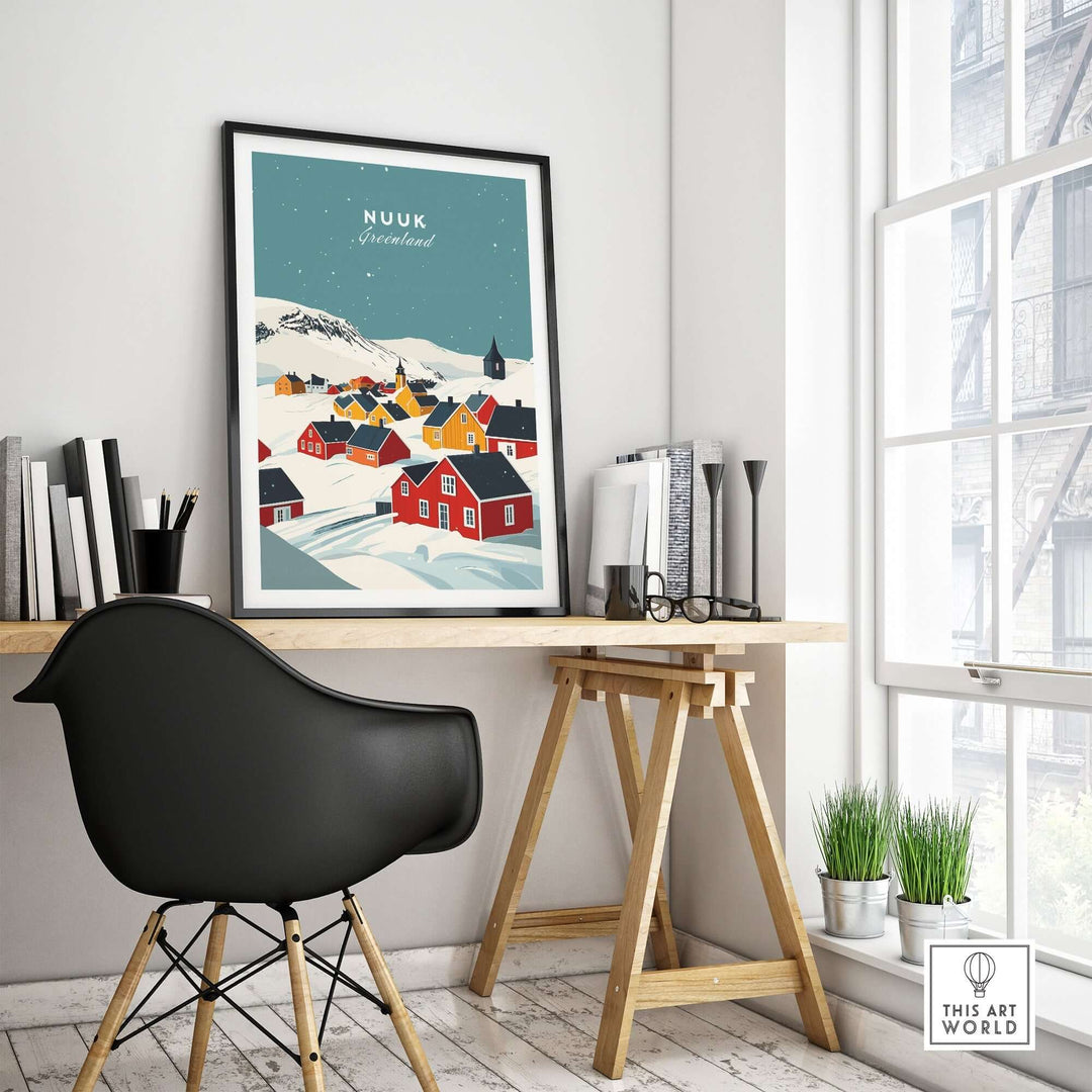 Nuuk Greenland print in a modern office setting showcasing colorful houses and snowy landscape.