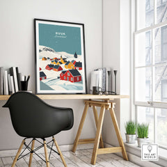 Nuuk Greenland Print showcasing colorful houses and snowy landscape in a stylish home office setting.