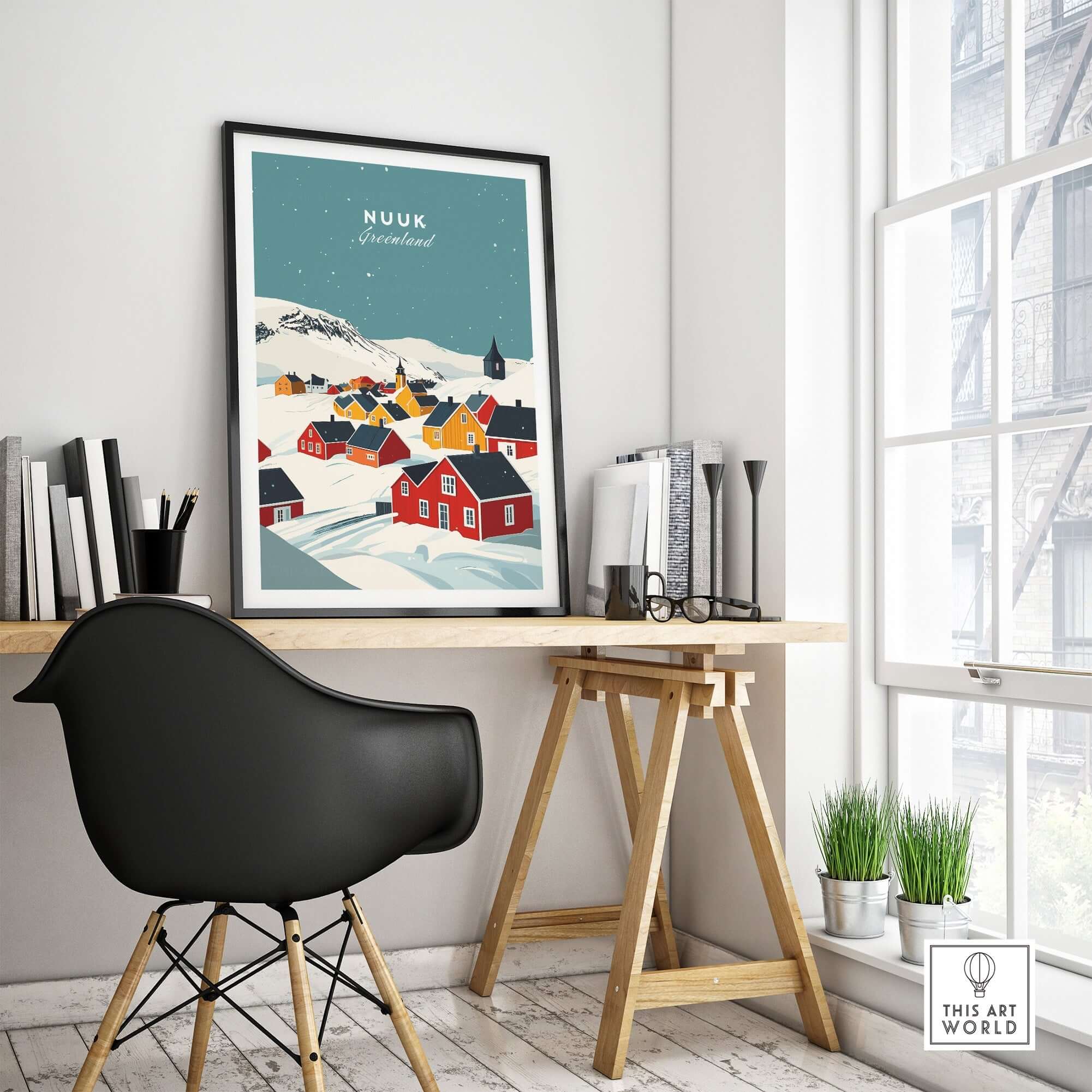 Nuuk Greenland Print showcasing colorful houses and snowy landscape in a stylish home office setting.