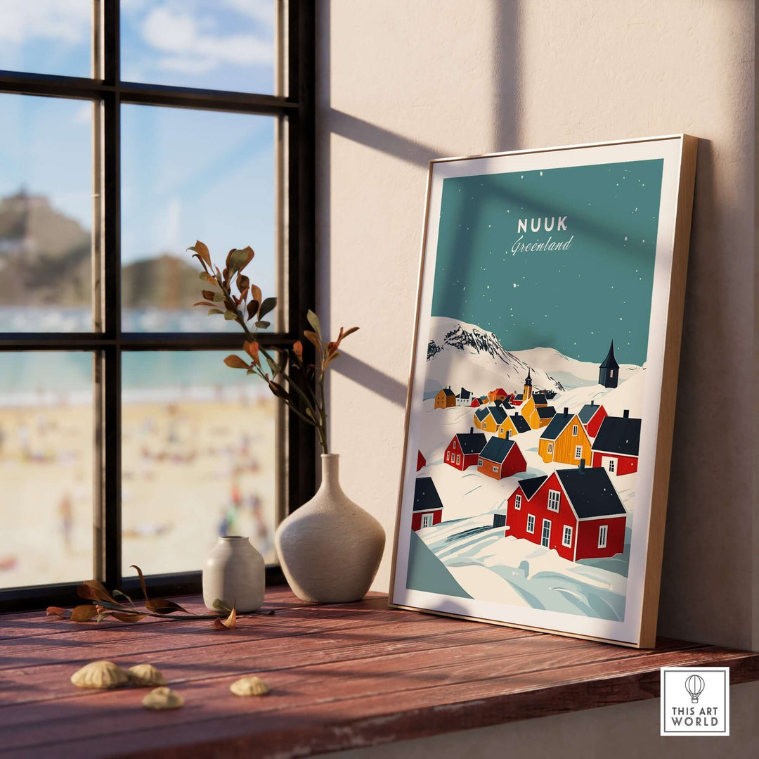 Nuuk Greenland print displayed in a sunlit room with colorful houses, showcasing vibrant landscape and inviting adventure.