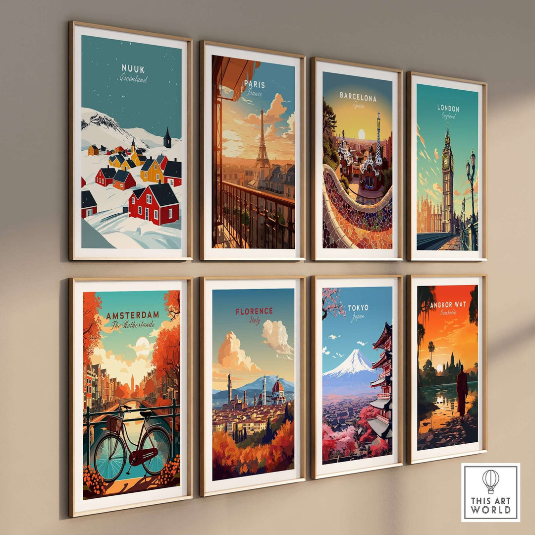 Wall display of vibrant city prints including Nuuk, Paris, Barcelona, London, Amsterdam, Florence, Tokyo, and Angkor Wat.