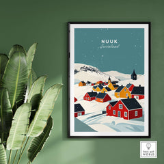 Nuuk Greenland Print showcasing vibrant houses in a snowy landscape, perfect for home decor.