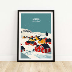 Nuuk Greenland Print showcasing vibrant houses against a snowy landscape, capturing the beauty of Nuuk, Greenland.