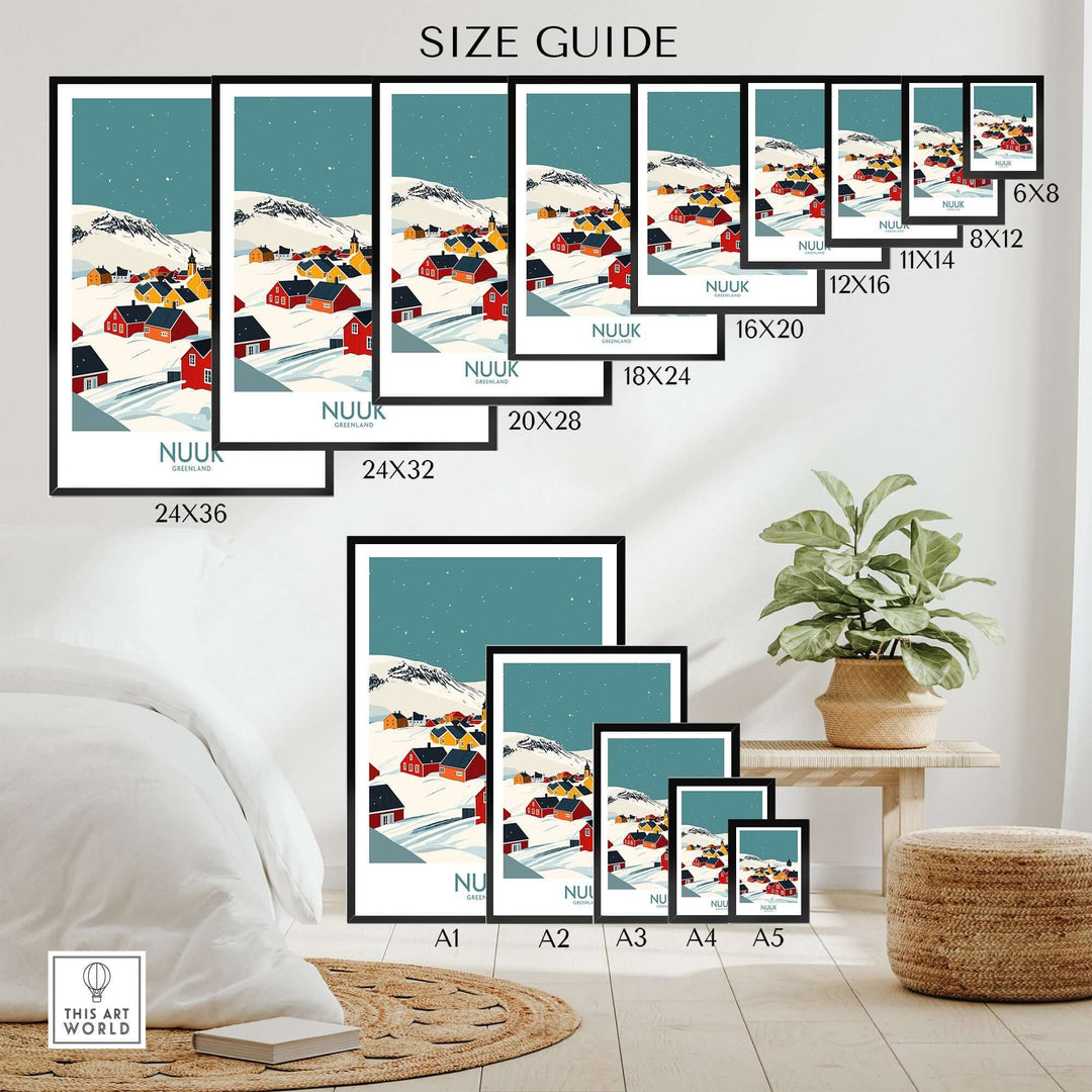 Size guide for Nuuk Greenland travel print showcasing various frame sizes for colorful landscape art.