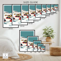 Size guide for Nuuk Greenland Travel Print showcasing various dimensions for home decor display.