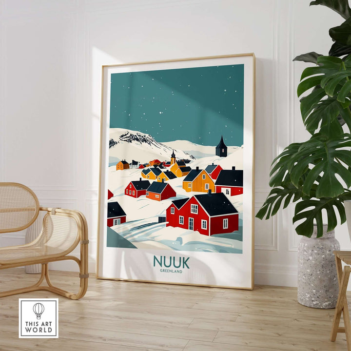 Vibrant Nuuk Greenland travel print showcasing colorful houses and snowy landscapes in a modern decor setting.