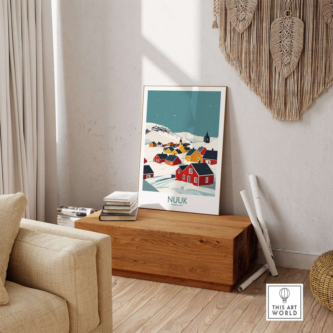 Nuuk Greenland travel print displayed in a cozy living room, showcasing colorful houses and snowy landscapes.