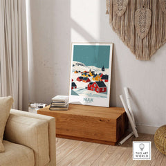 Nuuk Greenland Travel Print showcasing colorful houses and stunning landscapes in a cozy home setting.