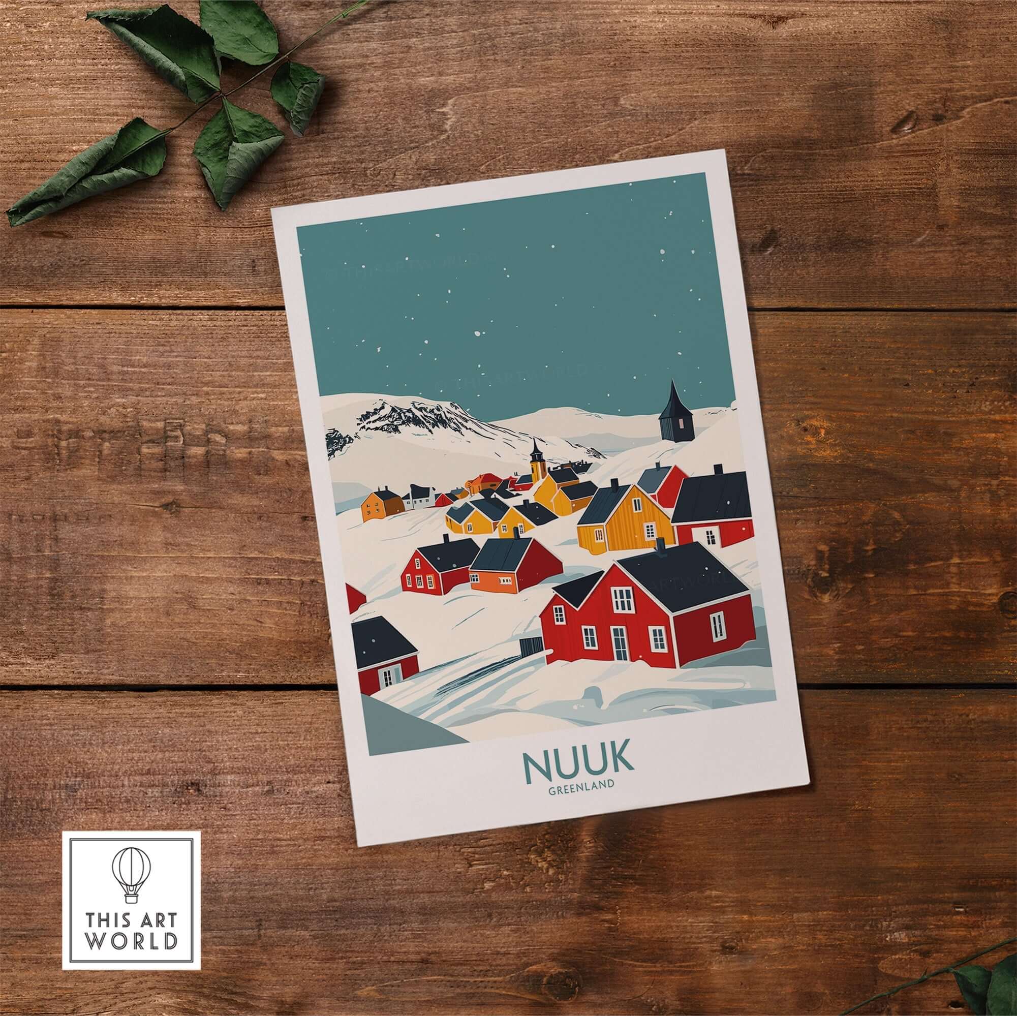 Nuuk Greenland Travel Print showcasing colorful houses with snowy landscapes in an artistic design.