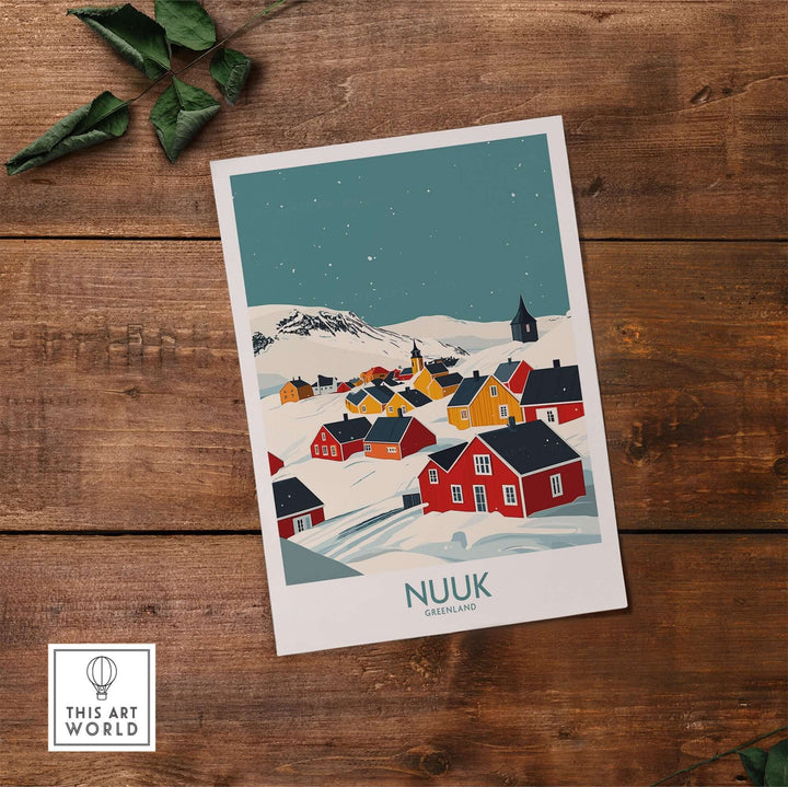 Vibrant Nuuk Greenland travel print showcasing colorful houses against snowy landscapes. Perfect decor for home or office.