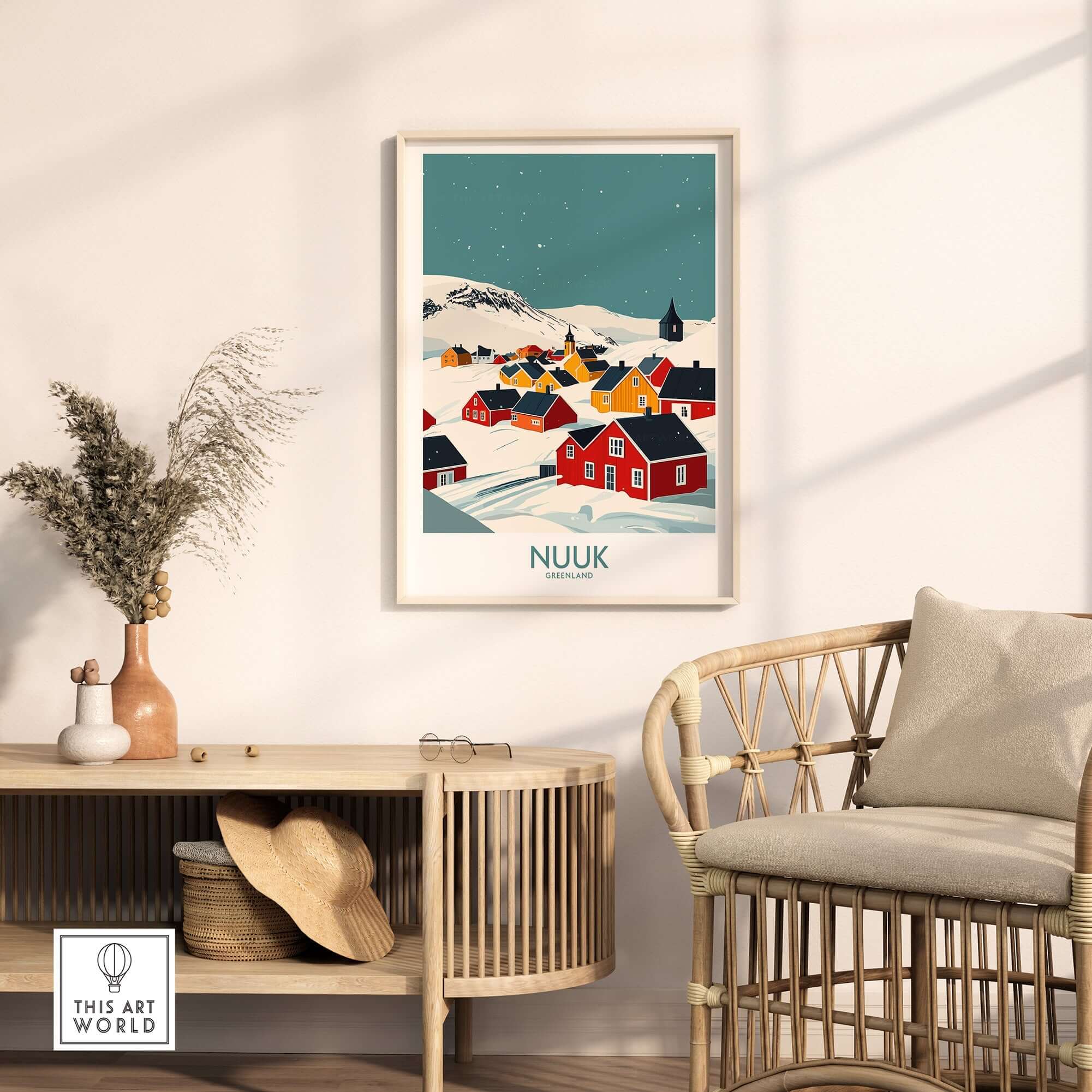 Nuuk Greenland Travel Print showcasing a colorful landscape of Nuuk in a stylish living room setting.