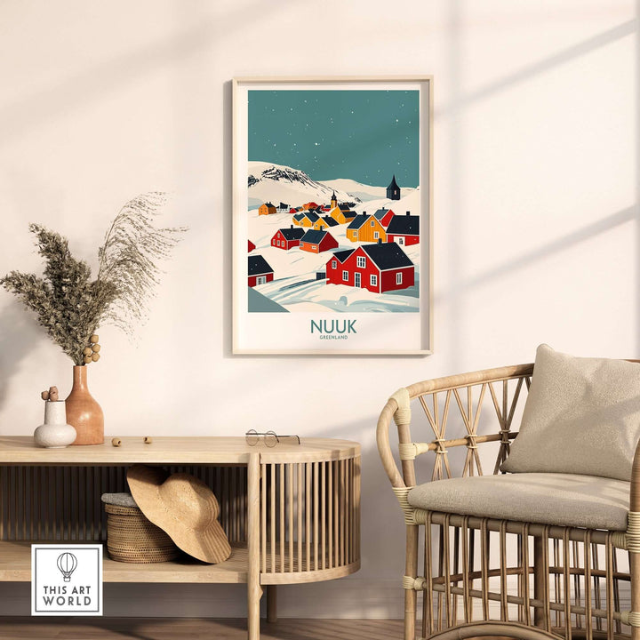 Vibrant Nuuk Greenland travel print displayed in a modern living room setting with natural decor elements.