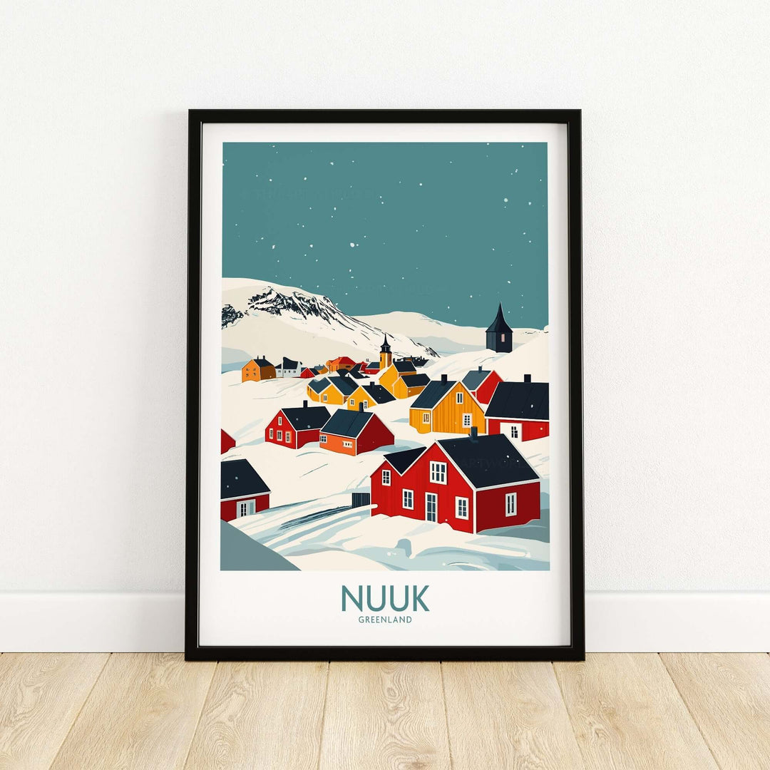 Nuuk Greenland travel print depicting colorful houses in a snowy landscape under a starry sky.