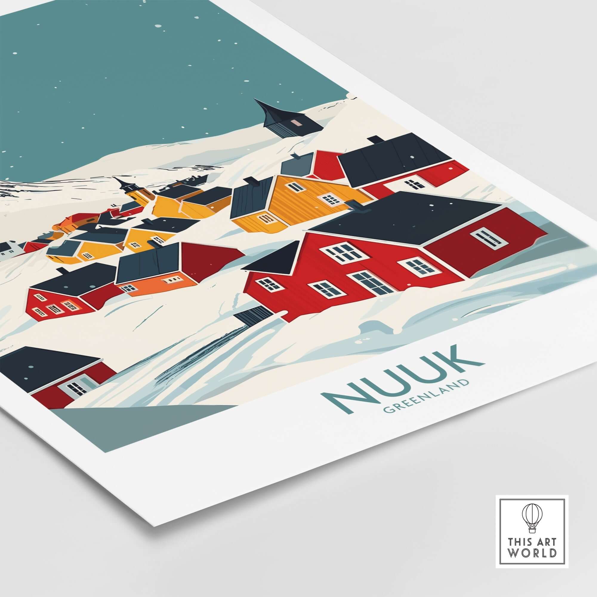 Nuuk Greenland Travel Print showcasing colorful houses in a snowy landscape, perfect for home or office decor.