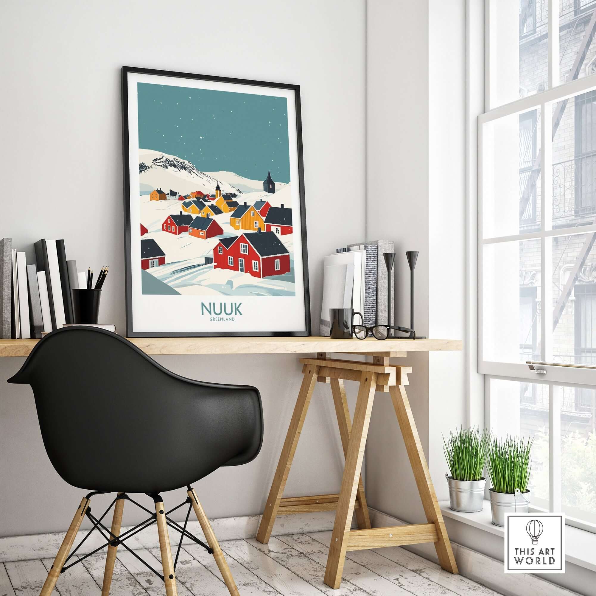 Nuuk Greenland Travel Print displayed in a stylish home office setting, showcasing vibrant colors and stunning landscapes.