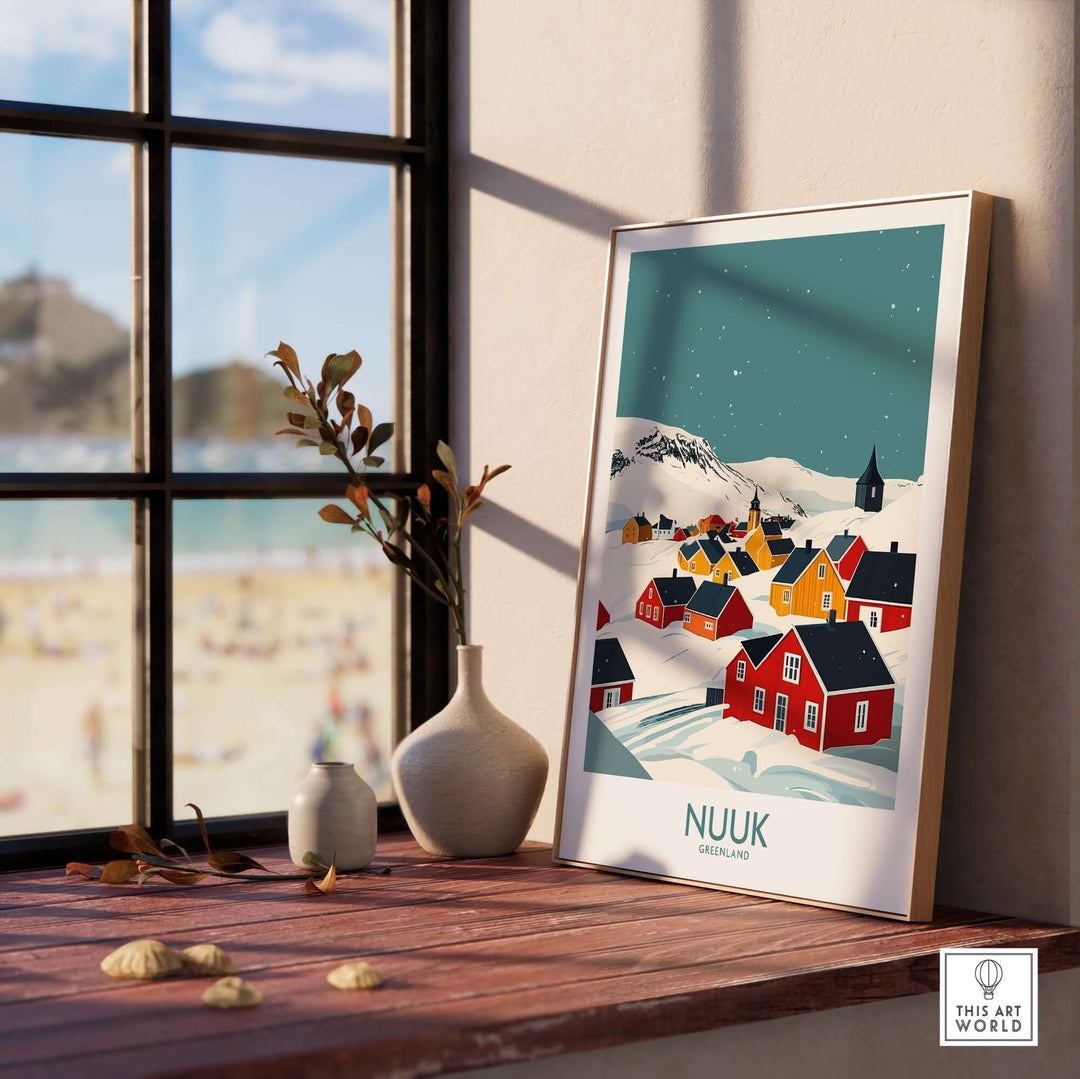 Vibrant Nuuk Greenland travel print showcasing colorful houses and stunning landscapes by the window in a cozy setting.