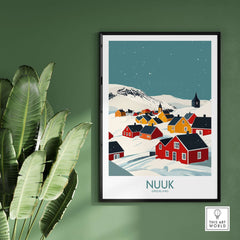 Nuuk Greenland Travel Print showcasing colorful houses against a snowy landscape, framed and displayed indoors.