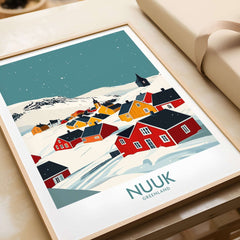 Nuuk Greenland Travel Print showcasing vibrant colors and landscapes of Nuuk in a framed design.