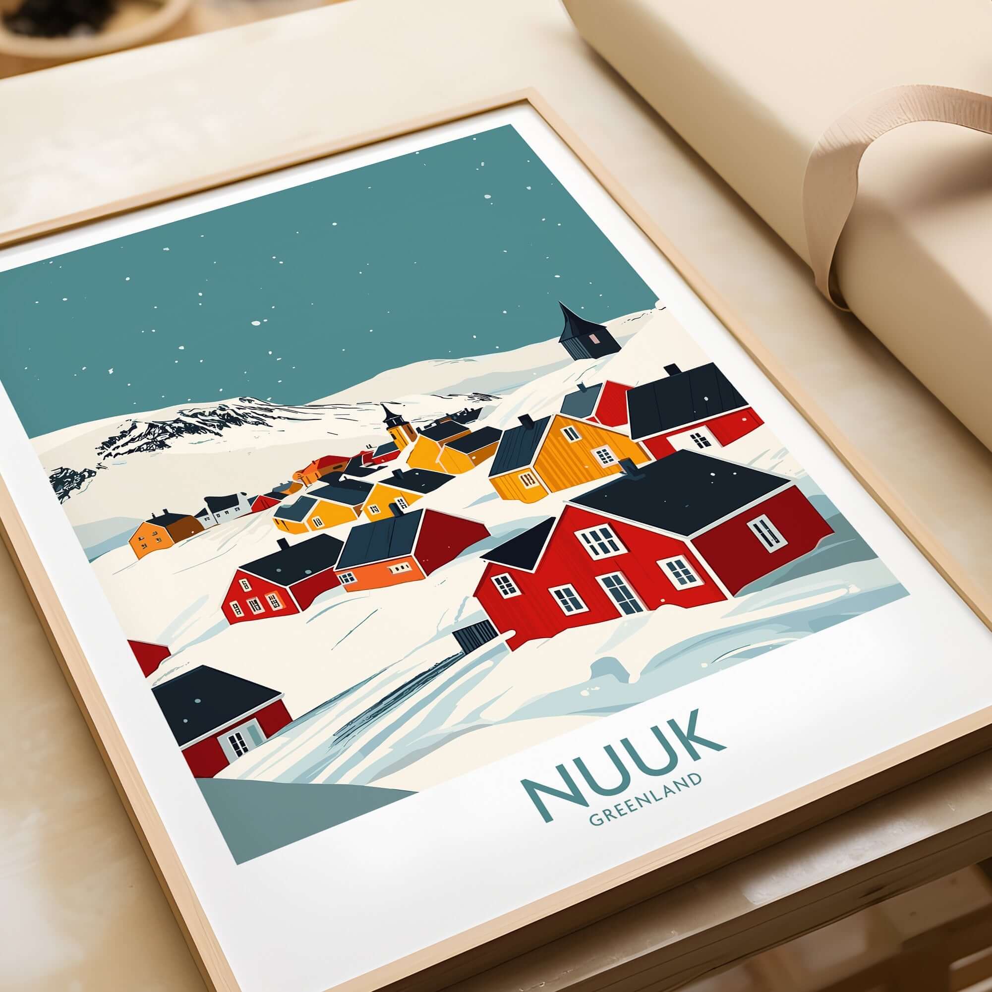Nuuk Greenland Travel Print showcasing vibrant colors and landscapes of Nuuk in a framed design.