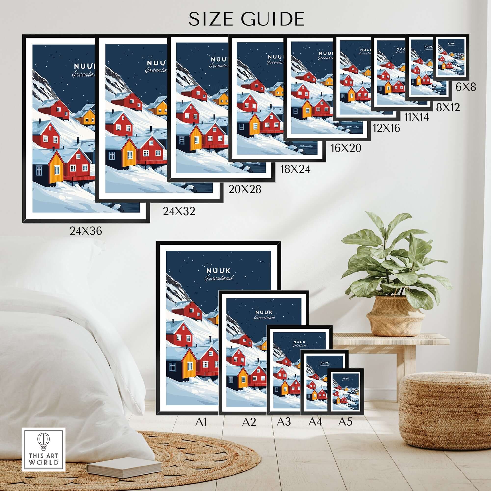 Size guide for Nuuk Greenland Wall Art showcasing various frame sizes with colorful houses against a snowy backdrop.