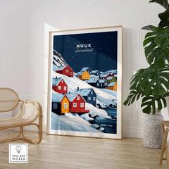 Nuuk Greenland Wall Art featuring colorful houses in snowy landscape, perfect for home decor.