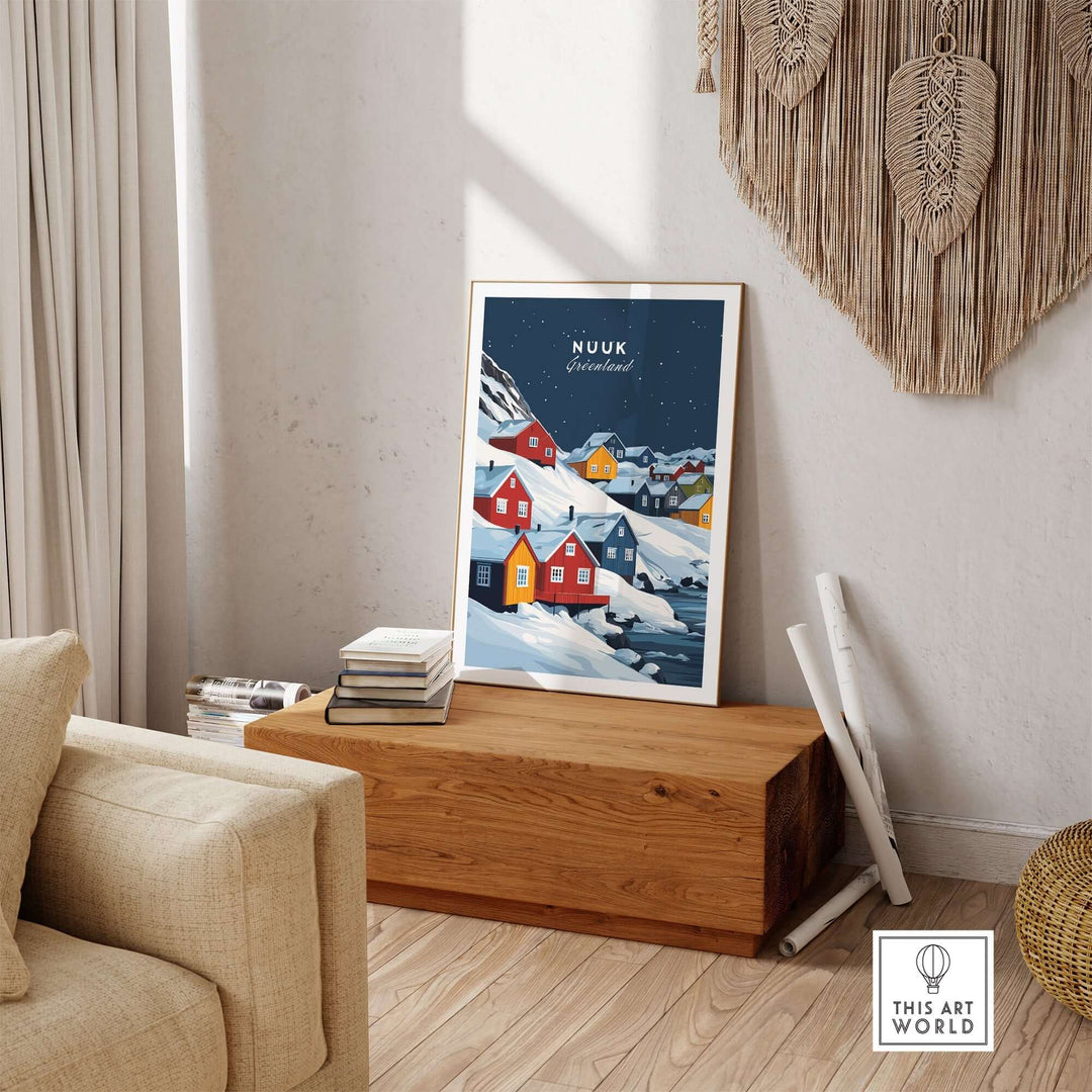 Nuuk Greenland wall art featuring colorful houses and snowy landscapes displayed in a stylish living room.