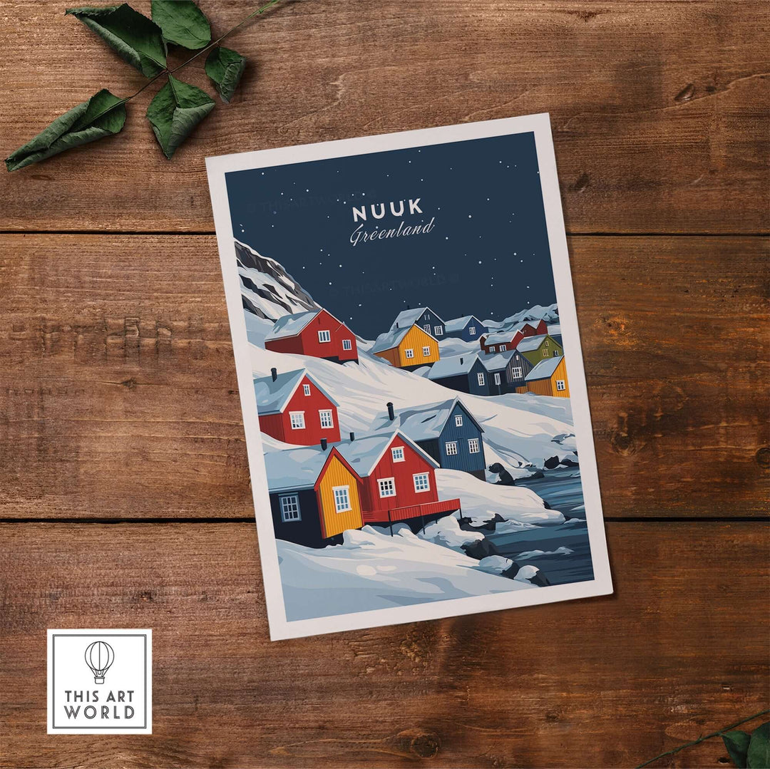 Nuuk Greenland wall art featuring colorful houses against a snowy landscape, perfect for enhancing home decor.