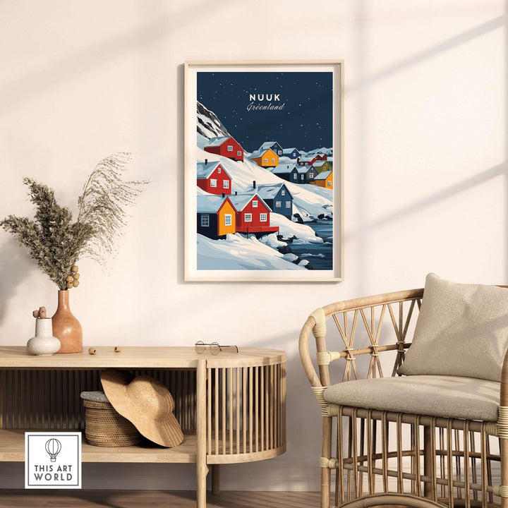 Nuuk Greenland wall art featuring colorful houses against a snowy landscape, enhancing home decor with Arctic beauty.