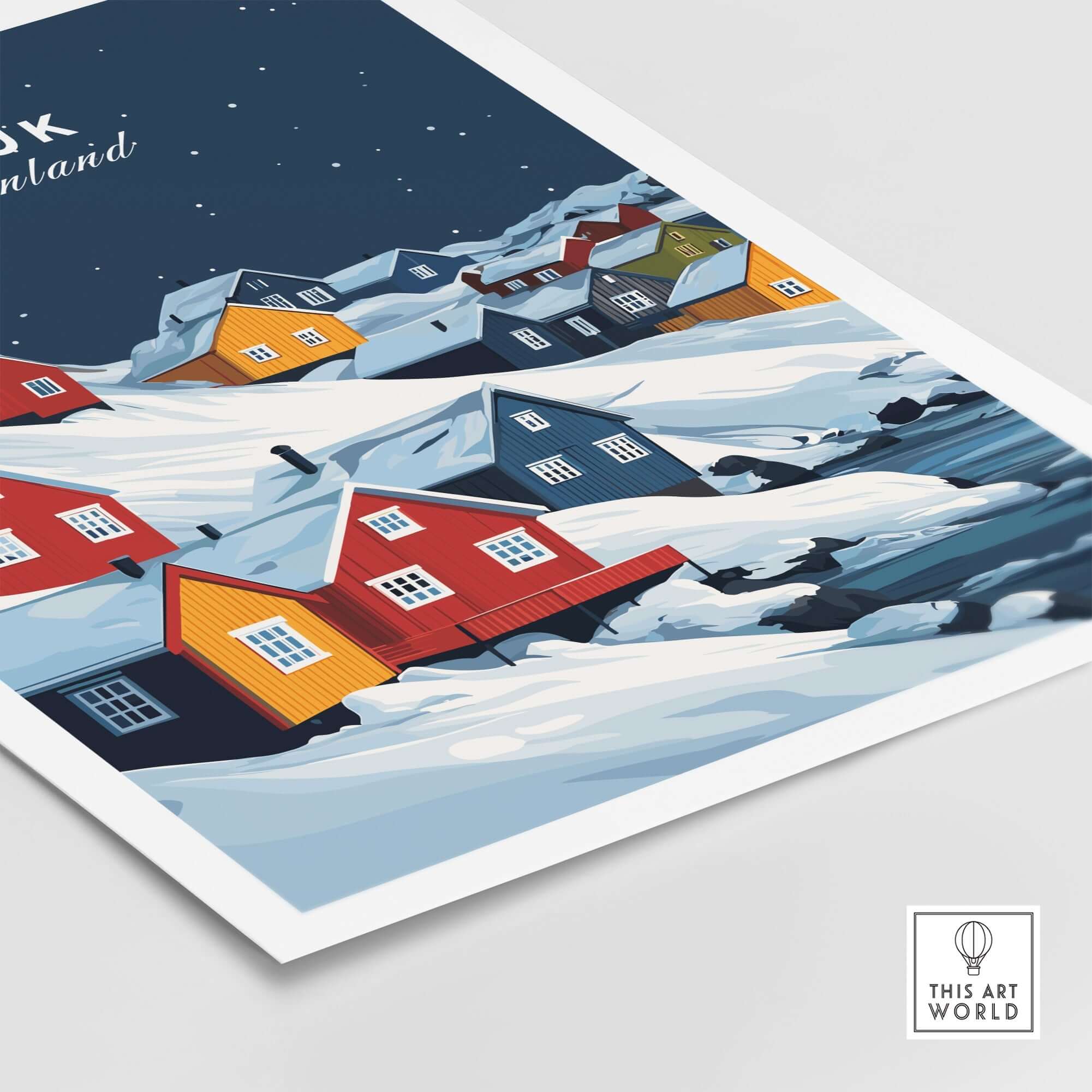 Nuuk Greenland Wall Art showcasing colorful houses on snow-covered hills under a starry sky.