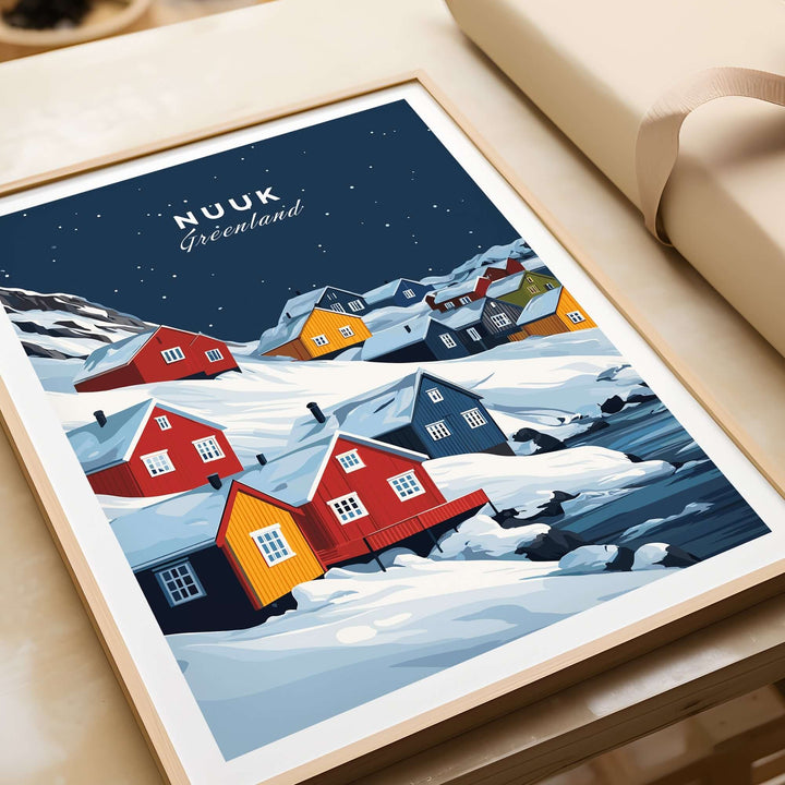 Nuuk Greenland wall art featuring colorful houses amidst snowy landscapes in a beautifully framed design.