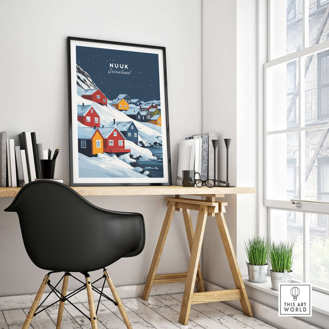 Nuuk Greenland wall art featuring colorful houses and snowy landscapes in a stylish interior setting.