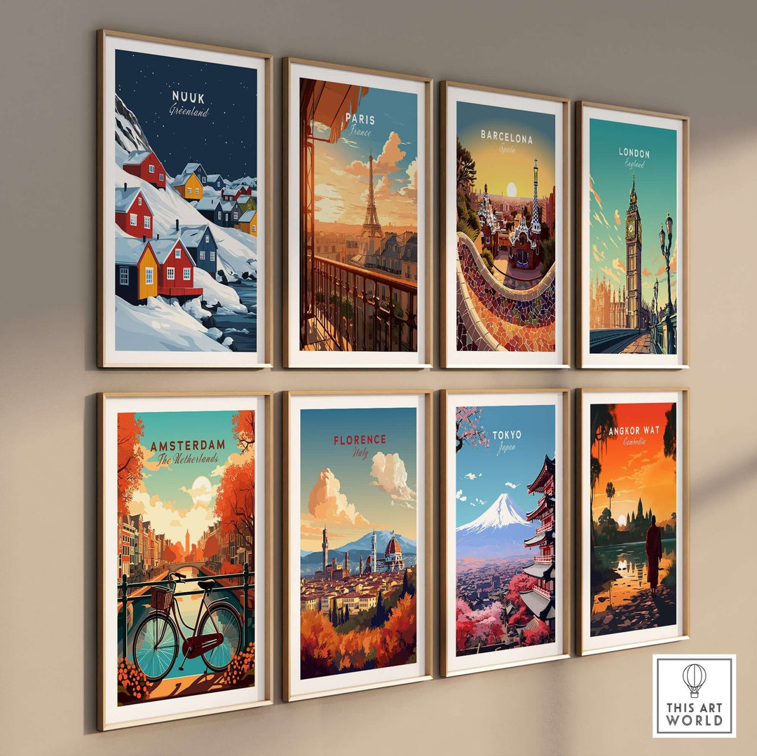 Colorful wall art featuring Nuuk, Paris, Barcelona, London, Amsterdam, Florence, Tokyo, and Angkor Wat landscapes.