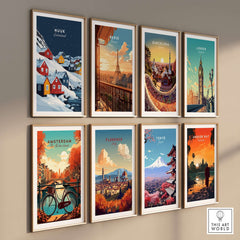 Nuuk Greenland Wall Art featuring colorful printed landscapes of various cities including Nuuk.