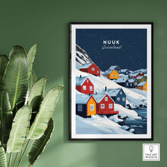 Nuuk Greenland Wall Art featuring colorful houses in a snowy landscape, capturing the essence of Nuuk, Greenland.