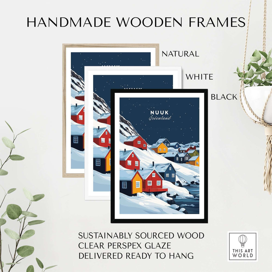 Handmade wooden frames in natural, white, and black for Nuuk Greenland wall art, showcasing sustainable materials and ready-to-hang design.