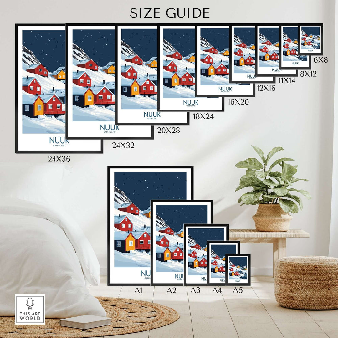 Size guide for Nuuk Poster featuring colorful houses against a snowy landscape, displayed in various frame sizes.