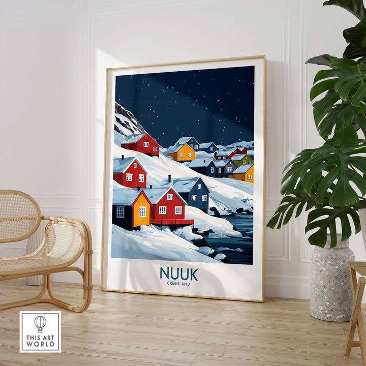 Nuuk poster showcasing vibrant houses in a snow-covered landscape, capturing the charm of Greenland's Arctic beauty.