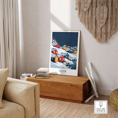 Nuuk Poster Greenland featuring colorful houses and snow in a cozy living room setting